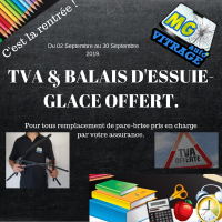 TVA & Balais d'essuie glace Offert pour tous remplacement de pare-brise.